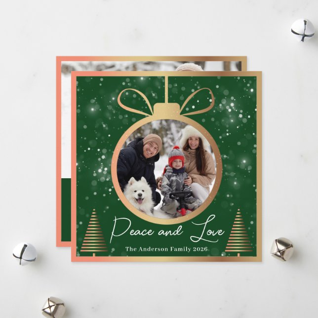 Grönt Guld Snö jul Ornament 2 Foto Julkort (Fram/Back In Situ)