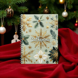 Grönt Guld Snowflake Blommigt Helgdag Anteckningsbok