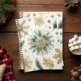 Grönt Guld Snowflake Blommigt Helgdag Anteckningsbok