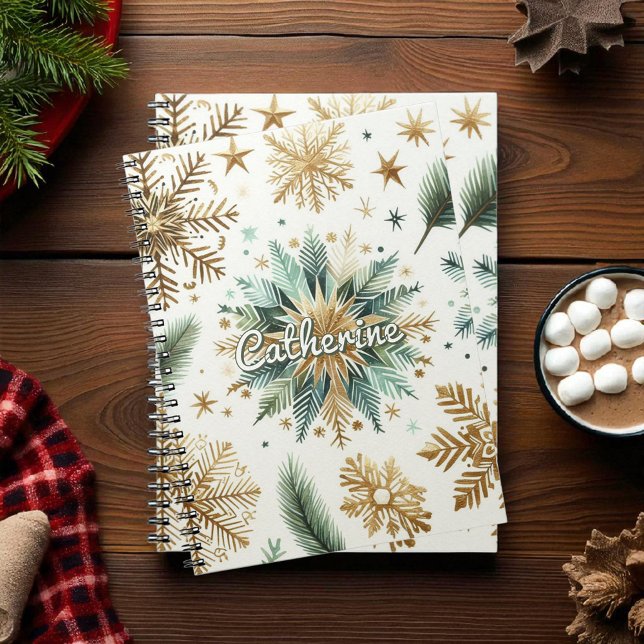 Grönt Guld Snowflake Blommigt Helgdag Anteckningsbok (Skapare uppladdad)