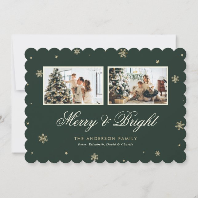 Grönt Guld Snowflake Photo Merry & Bright Julkort (Framsida)