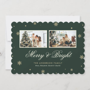 Grönt Guld Snowflake Photo Merry & Bright Julkort