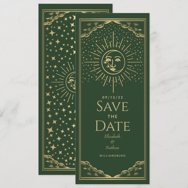 Grönt Guld Sol och Måne Tarot Card Spara datum Inbjudningar (Fram/baksida)
