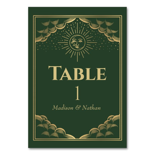 Grönt Guld Sol och Måne Tarot Gothic Bröllop Bordsnummer (Framsidan)