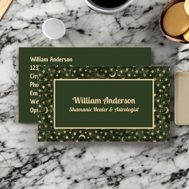 Grönt Guld Stars Shamanic eller Astrolog Healer Visitkort (Skapare uppladdad)