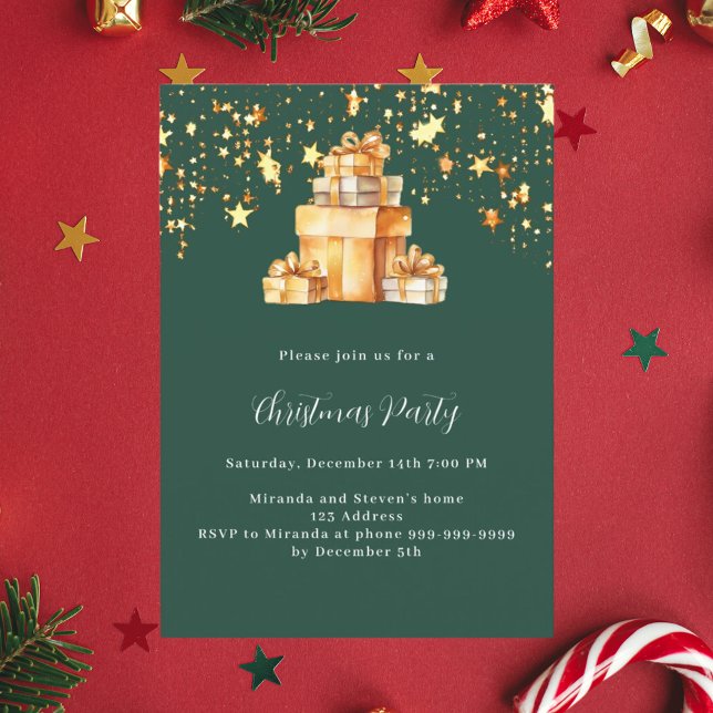 Grönt guld-stjärnor ger julklapp Party Inbjudningar (Skapare uppladdad)