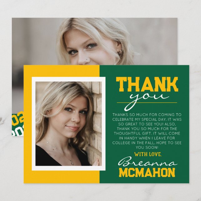 Grönt & Guld Studenten 2 - tackkort för foto Inbjudningar (Fram/baksida)