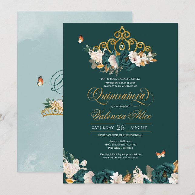 Grönt Guld Tiara Butterflies Quinceanera Inbjudningar (Fram/baksida)