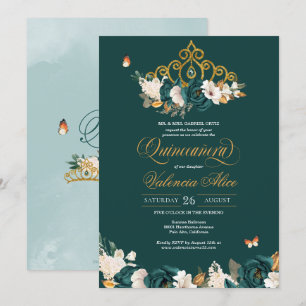 Grönt Guld Tiara Butterflies Quinceanera Inbjudningar