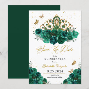 Grönt & Guld Tiara Spara datumet Quinceañera Inbjudningar