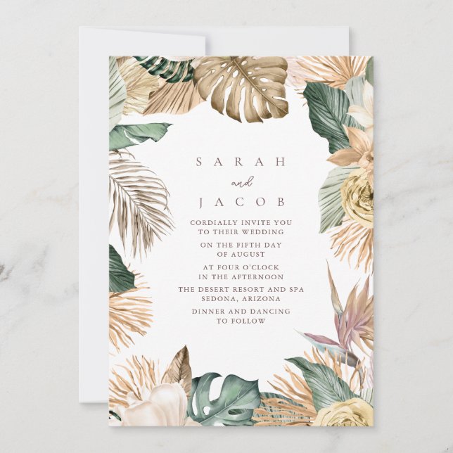 Grönt Guld Tropical Handflatan Beach Wedding Inbjudningar (Framsida)