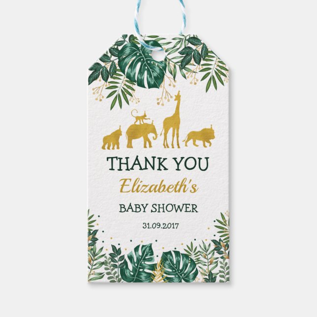Grönt Guld Tropical Jungle Animals Baby Shower Presentetikett (Framsidan)