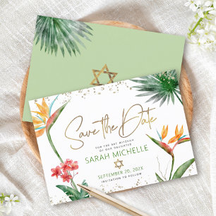 Grönt Guld Tropisk Bat Mitzvah Blommig Palm Modern Spara Datumet