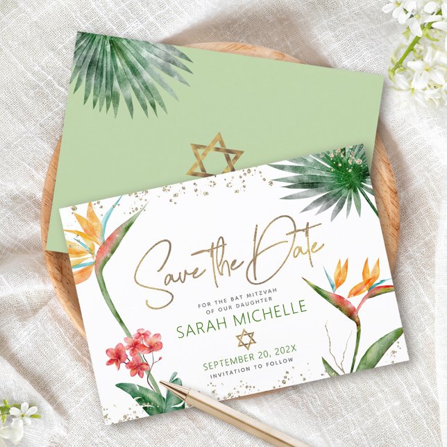 Grönt Guld Tropisk Bat Mitzvah Blommig Palm Modern Spara Datumet (Skapare uppladdad)