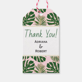 Grönt, guld tropiska löv rosa bröllop Tack Presentetikett