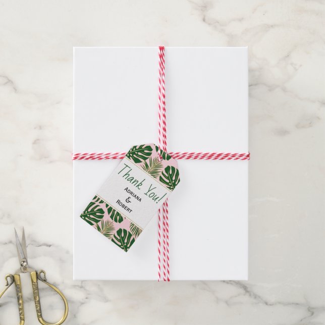 Grönt, guld tropiska löv rosa bröllop Tack Presentetikett (Med Snöre)
