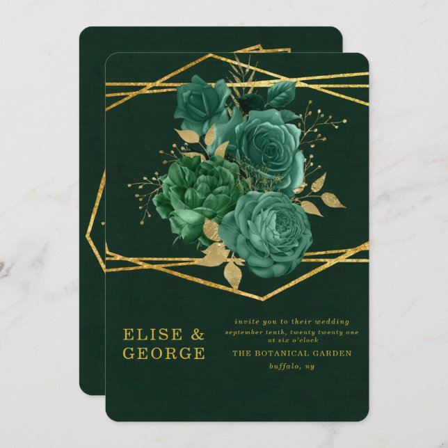 Grönt & Guld Unik geometrisk Blommigt Bröllop Inbjudningar (Fram/baksida)