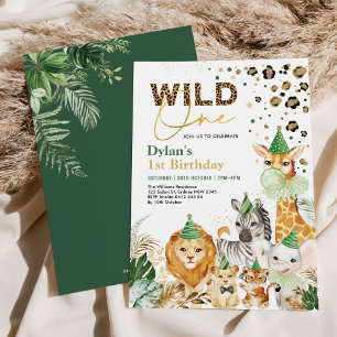 Grönt Guld Vild Ett Safari Party-djur födelsedag Inbjudningar