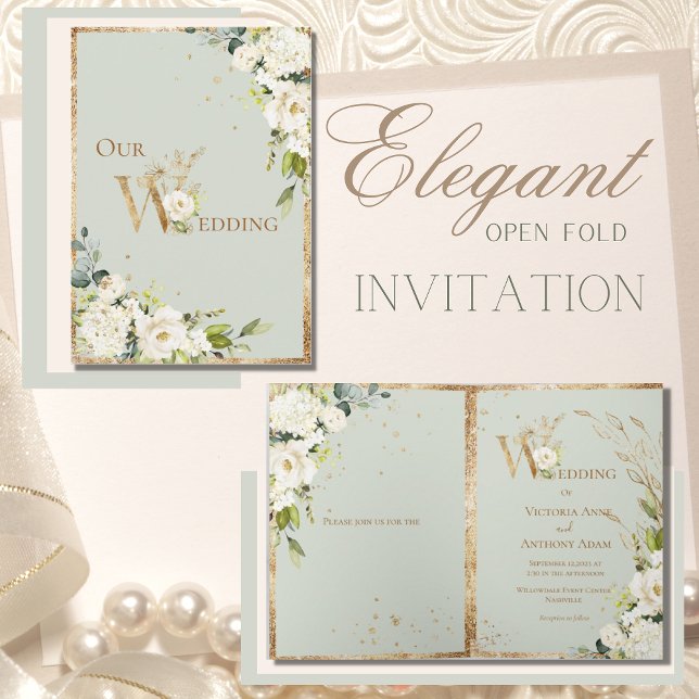 Grönt Guld Vita Blommigten Elegant bröllop Inbjudan (Skapare uppladdad)