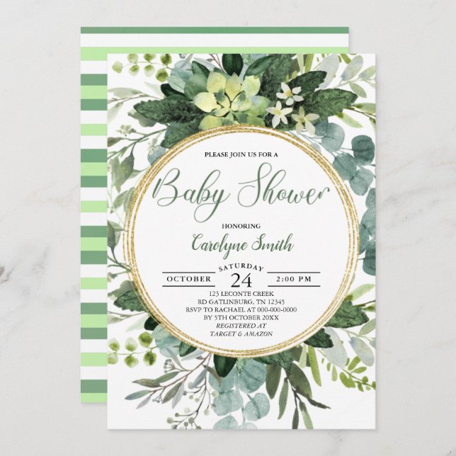 Grönt Guld Watercolor Botanical Baby Shower Inbjudningar (Fram/baksida)