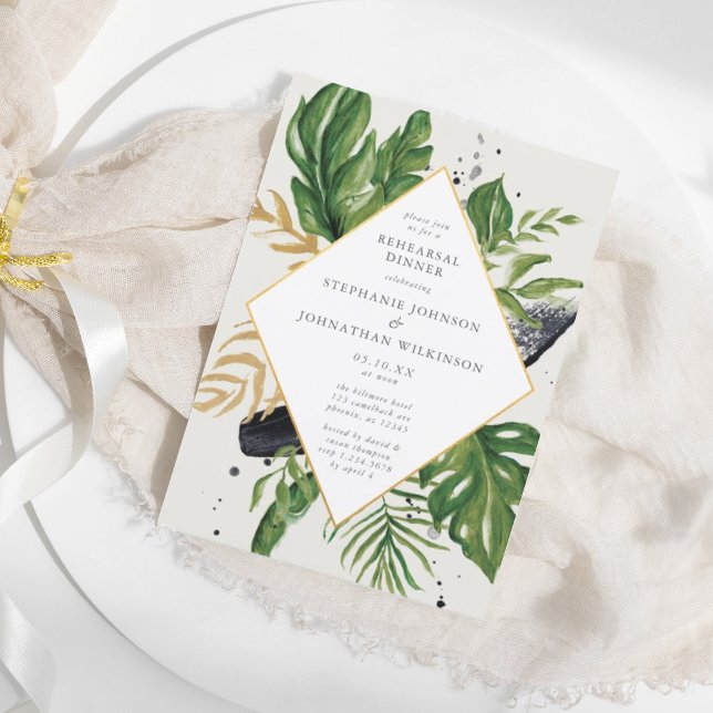 Grönt & Guld Watercolor Tropical Bröllop Rehearsal Inbjudningar (Green & Gold Watercolor Tropical Wedding Rehearsal Invitation)