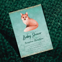Grönt Guld Watercolor Woodland Fox Baby Shower Inbjudningar