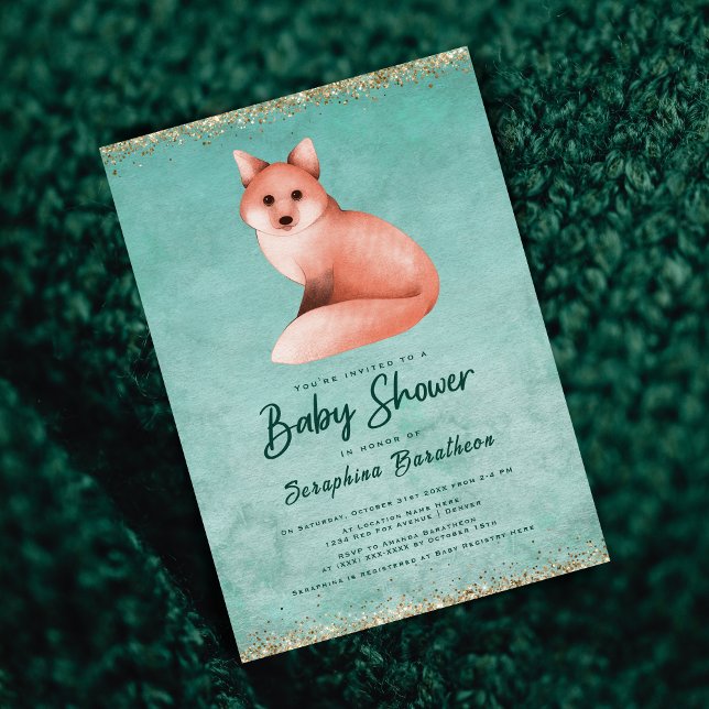 Grönt Guld Watercolor Woodland Fox Baby Shower Inbjudningar (Skapare uppladdad)