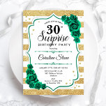 Grönt Guld White Surprise 30års födelsedag Inbjudningar<br><div class="desc">Överraskande inbjudan från 30års födelsedag-partiet. Feminine emerald grönt design med faux glitter guld. Innehåller vitt och guld rand,  ro,  skriptteckensnitt och konfekti. Perfekt för en elegants damdag i firande. Kan vara personlig att visa vilken ålder som helst. Skrivna Zazzle-inbjudningar eller digital utskrivbar mall för omedelbar nedladdning.</div>