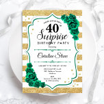 Grönt Guld White Surprise 40:e födelsedagen Inbjudningar<br><div class="desc">Överraskande 40:e födelsedagsinbjudan. Feminine emerald grönt design med faux glitter guld. Innehåller vitt och guld rand,  ro,  skriptteckensnitt och konfekti. Perfekt för en elegants damdag i firande. Kan vara personlig att visa vilken ålder som helst. Skrivna Zazzle-inbjudningar eller digital utskrivbar mall för omedelbar nedladdning.</div>