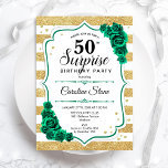 Grönt Guld White Surprise 50:e födelsedagen Inbjudningar<br><div class="desc">Överraskande 50 Födelsedagsfest inbjudan. Feminine emerald grönt design med faux glitter guld. Innehåller vitt och guld rand,  ro,  skriptteckensnitt och konfekti. Perfekt för en elegants damdag i firande. Kan vara personlig att visa vilken ålder som helst. Skrivna Zazzle-inbjudningar eller digital utskrivbar mall för omedelbar nedladdning.</div>
