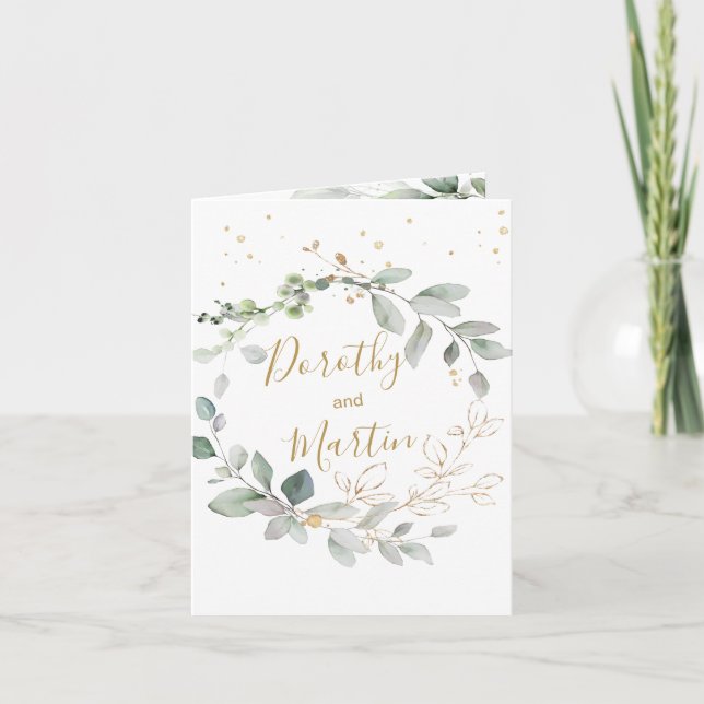 Grönt & guldgrönt blad Bröllopsinvitation vikt Inbjudan (Framsida)