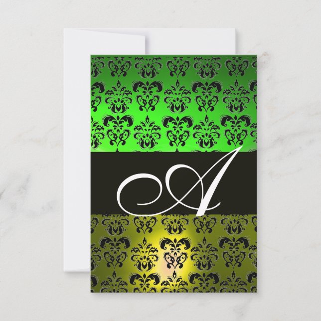 GRÖNT GULT BLACK WHITE DAMASK MONOGRAM INBJUDNINGAR (Framsida)