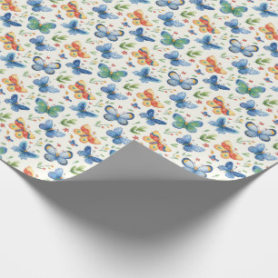 Grönt Gult Blue Butterflies and Flowers Presentpapper