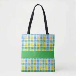 Grönt gult blue gingham Tote bag Tygkasse