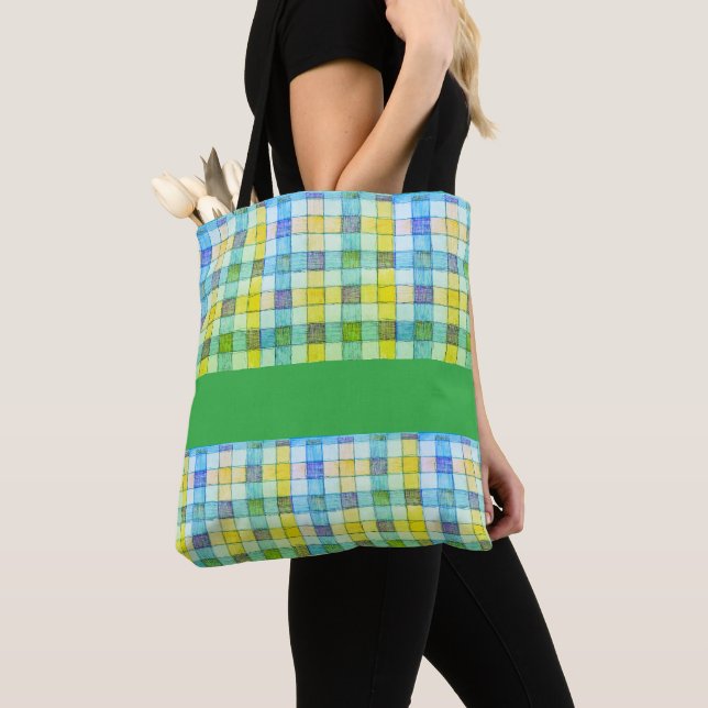Grönt gult blue gingham Tote bag Tygkasse (Närbild)