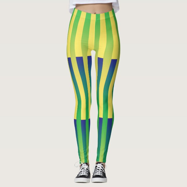 Grönt Gult Blue Stripe Mönster Leggings (Framsida)