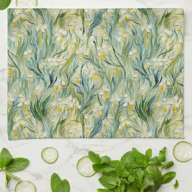 Grönt Gult Botanical Iris Mönster Kitchen Towels Kökshandduk (Vikta)