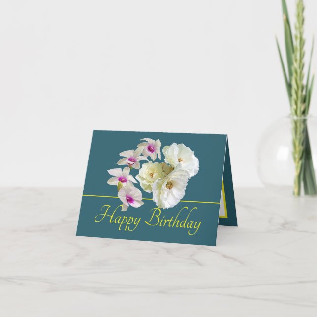 Grönt Gult Bouquet Vit ros Orchids Birthday Kort (Framsida)
