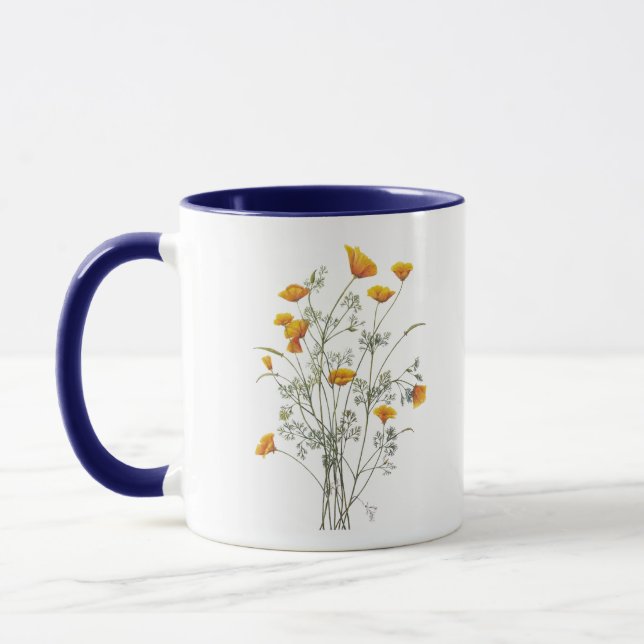 Grönt Gult California Poppy Watercolor Painting Mugg (Vänster)