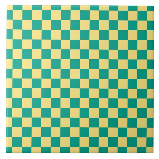 Grönt + Gult Checkerboard Mönster Kakelplatta (Framsidan)