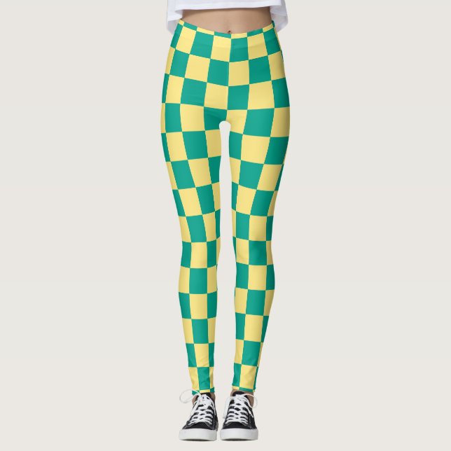 Grönt + Gult Checkerboard Mönster Leggings (Framsida)