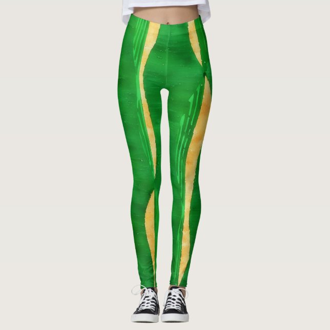 Grönt Gult Curve Linjer Abstrakt Art Leggings (Framsida)