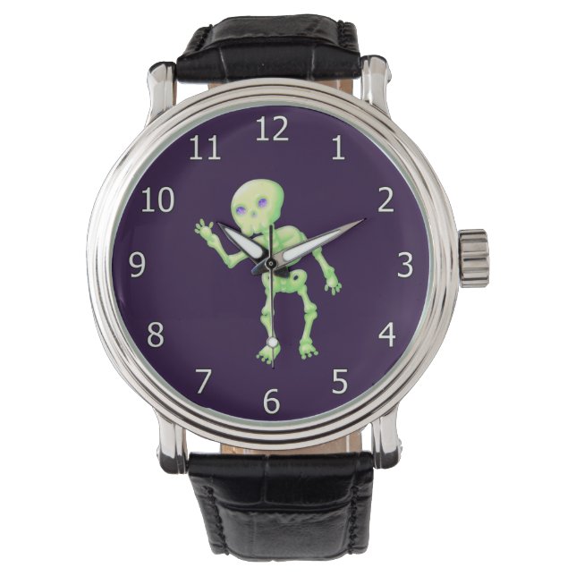 Grönt Gult Glow Cute Skeleton Waking Art Armbandsur (Framsida)
