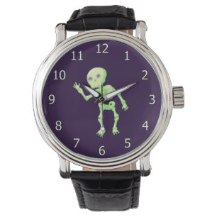 Grönt Gult Glow Cute Skeleton Waving Art Armbandsur