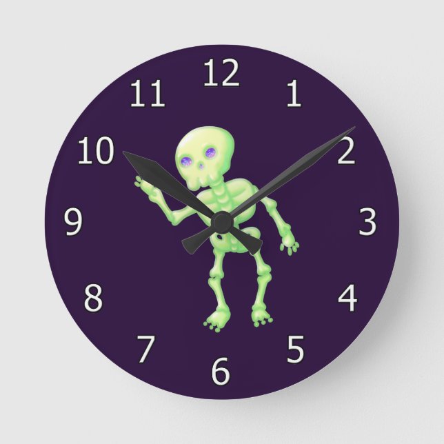 Grönt Gult Glow Cute Skeleton Waving Art Rund Klocka (Framsida)