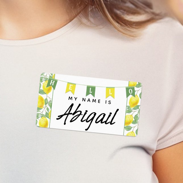 Grönt + Gult Lemon Träd Hej Mitt Namn är fäst Fraktsedel (Fun Bunting Banner Lemons Wedding / Baby Shower Name Tag)