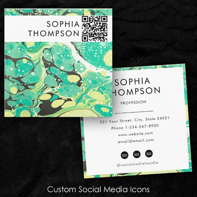 Grönt Gult Marble Abstrakt QR-kod Social Media Fyrkantigt Visitkort (Green Yellow Marble Abstract QR Code Social Media Square Business Card)