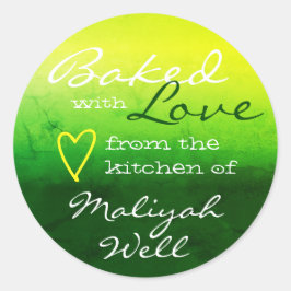 Grönt Gult Marble Baked with Kärlek Heart Runt Klistermärke