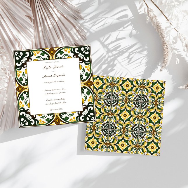 Grönt gult Medelhavet bröllop Inbjudningar (Green yellow Portuguese Mediterranean folk art art ornate tile wedding Invitation template download)