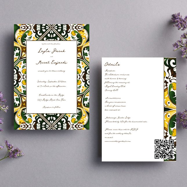 Grönt gult Medelhavsbricka i hela bröllop Inbjudningar (Green yellow Portuguese  Mediterranean folk ornament tile boho all in one wedding Invite template)